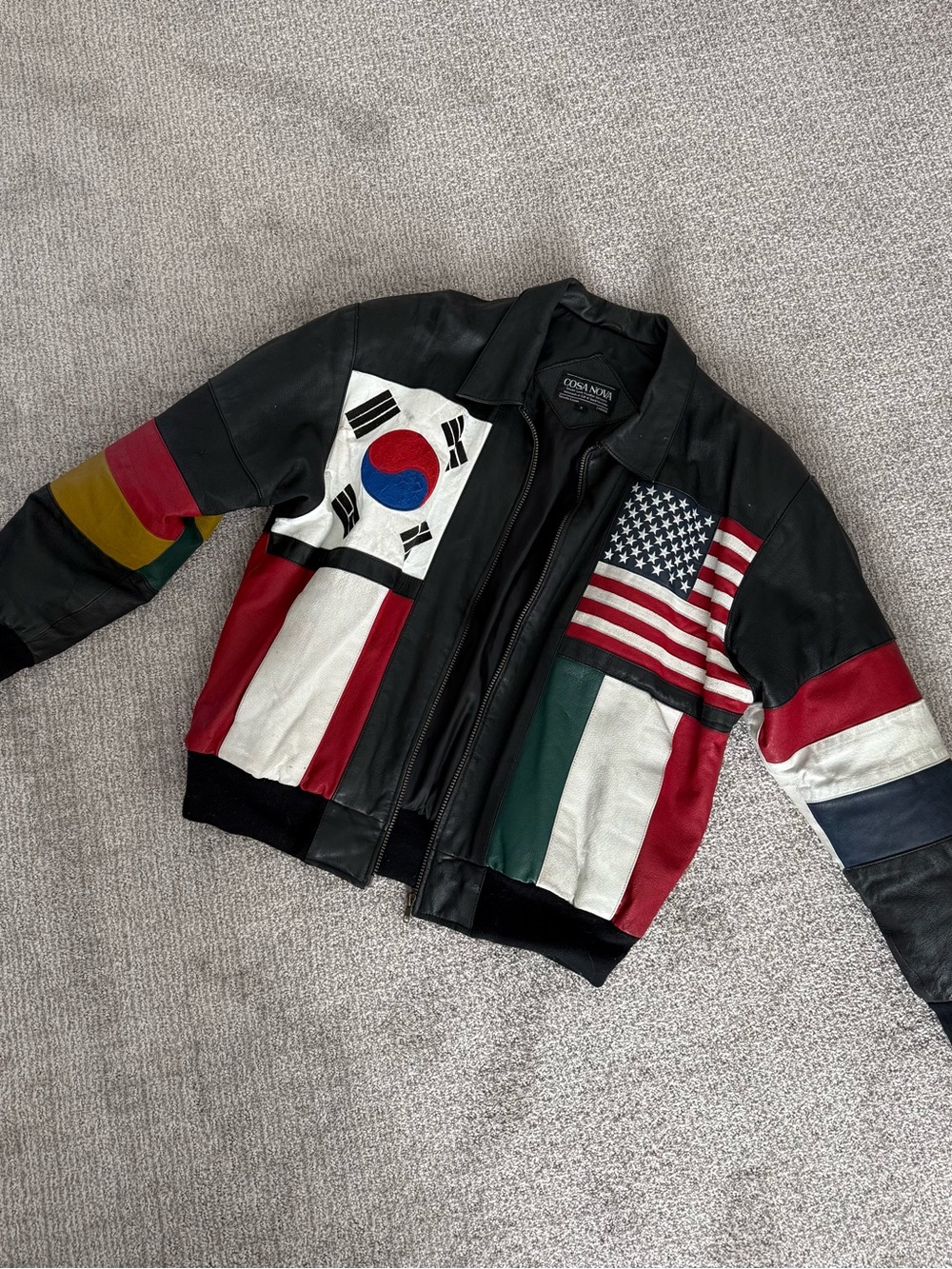 Vintage 1990s Cosa Nova World Flags Patchwork Leather Jacket Men’s S